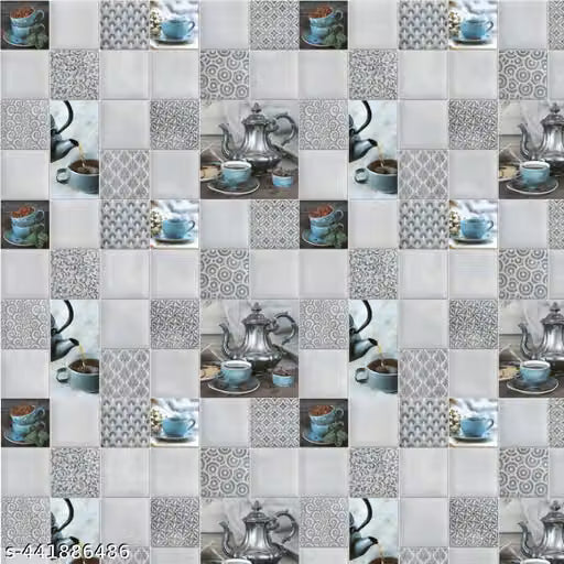 KWES _Buy 1 Get 3 Kitchen Wallpaper Pack Of 4 Wallpaper For Kitchen Wall | Cup Plate Wallpaper | Wall Sticker For Kitchen | WaterProof Oil Proof Wallpaper Grey Kitchen Ketli Wallpaper