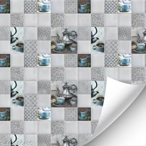 KWES _Buy 1 Get 3 Kitchen Wallpaper Pack Of 4 Wallpaper For Kitchen Wall | Cup Plate Wallpaper | Wall Sticker For Kitchen | WaterProof Oil Proof Wallpaper Grey Kitchen Ketli Wallpaper