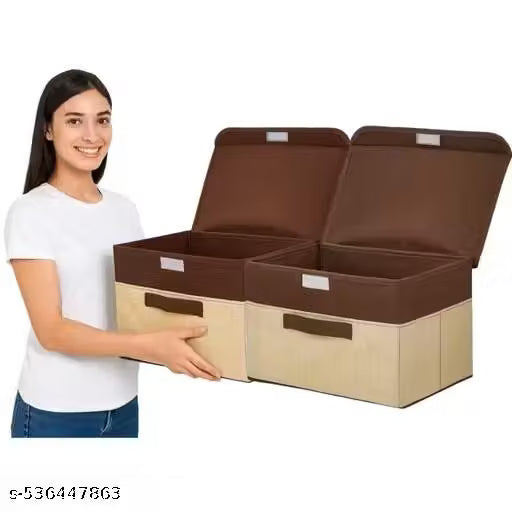 Storage Boxes Bins with Lid, Beige and Brown, Foldable Fabric Organizer Cubes with Handles, Grey (Pack of 2)