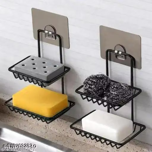 BASKIN Combo of 2 Stainless Steel Black Soap Stand Holder | Self-Adhesive Rustproof Soap Dish | Wall Mounted Bathroom Organizer | Kitchen & Washroom Soap Tray | Soap Basket Rack | No Drill Strong Sticker Shelf (Pack of 2)