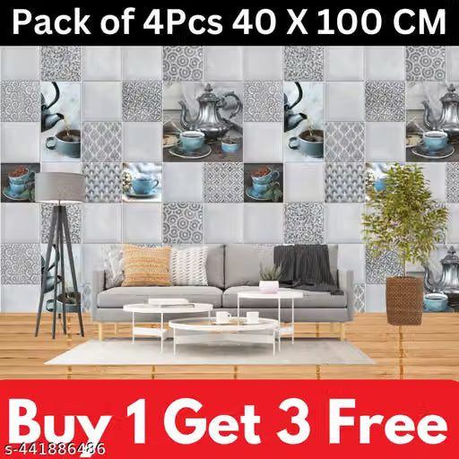 KWES _Buy 1 Get 3 Kitchen Wallpaper Pack Of 4 Wallpaper For Kitchen Wall | Cup Plate Wallpaper | Wall Sticker For Kitchen | WaterProof Oil Proof Wallpaper Grey Kitchen Ketli Wallpaper