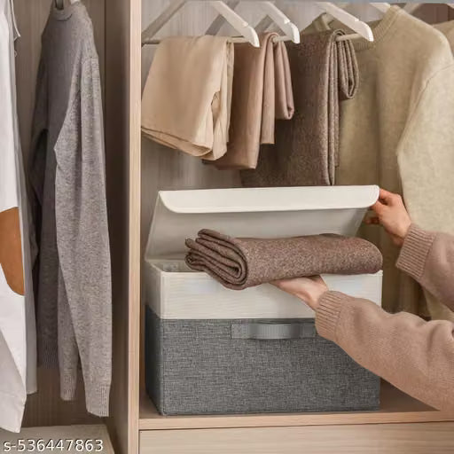 Storage Boxes Bins with Lid, Beige and Brown, Foldable Fabric Organizer Cubes with Handles, Grey (Pack of 2)