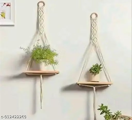 Wall Hanging Shelf | Handmade Cotton rope Shelf | Wooden Hanging Décor Rack for Living Room, Bedroom & Home Decoration ( setup 2)