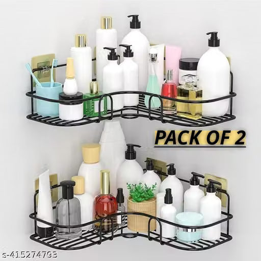 WINGLET (2PIS) 2 Pack Corner Shower Caddy, Wall Mounted No Drilling Shower Shelf with 4 Traceless Adhesive Hooks for Bathroom Kitchen Toilet, Only for 90 Degrees Right Angle, Matte Black