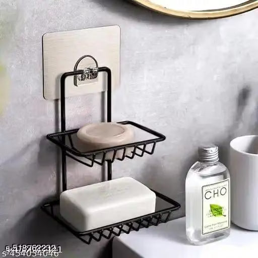 BASKIN Combo of 2 Stainless Steel Black Soap Stand Holder | Self-Adhesive Rustproof Soap Dish | Wall Mounted Bathroom Organizer | Kitchen & Washroom Soap Tray | Soap Basket Rack | No Drill Strong Sticker Shelf (Pack of 2)