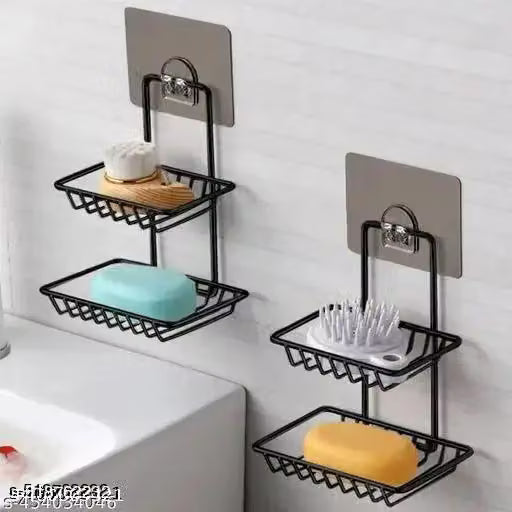 BASKIN Combo of 2 Stainless Steel Black Soap Stand Holder | Self-Adhesive Rustproof Soap Dish | Wall Mounted Bathroom Organizer | Kitchen & Washroom Soap Tray | Soap Basket Rack | No Drill Strong Sticker Shelf (Pack of 2)