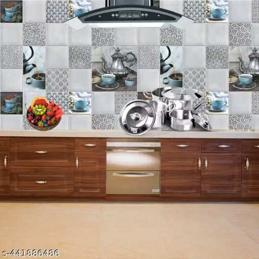 KWES _Buy 1 Get 3 Kitchen Wallpaper Pack Of 4 Wallpaper For Kitchen Wall | Cup Plate Wallpaper | Wall Sticker For Kitchen | WaterProof Oil Proof Wallpaper Grey Kitchen Ketli Wallpaper