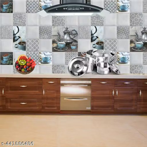 KWES _Buy 1 Get 3 Kitchen Wallpaper Pack Of 4 Wallpaper For Kitchen Wall | Cup Plate Wallpaper | Wall Sticker For Kitchen | WaterProof Oil Proof Wallpaper Grey Kitchen Ketli Wallpaper